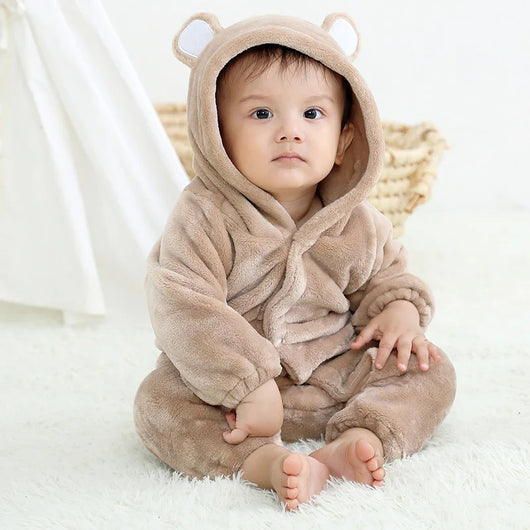 New Baby Padded Warm Rompers Winter Boys Girls Thick Plus Velvet Jumpsuits Windproof Hooded Overalls Snowsuit One Piece Bodysuit - Khaki / 6-9M(Size 73)