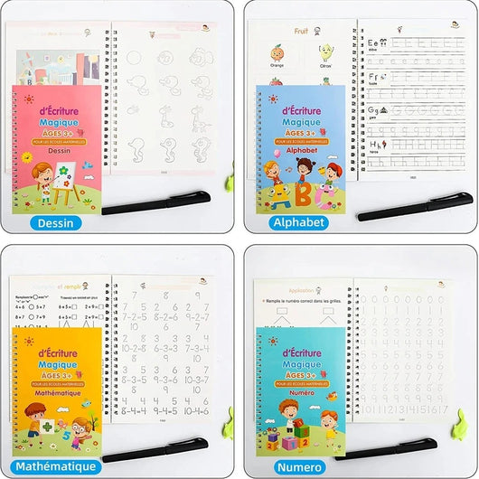 Cahier de Copie Magique pour Enfants avec Stylo Réutilisable et Autocollants d'Écriture