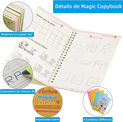 Cahier de Copie Magique pour Enfants avec Stylo Réutilisable et Autocollants d'Écriture