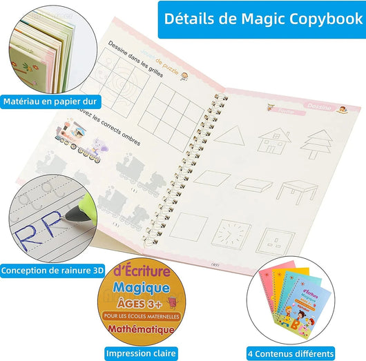 Cahier de Copie Magique pour Enfants avec Stylo Réutilisable et Autocollants d'Écriture